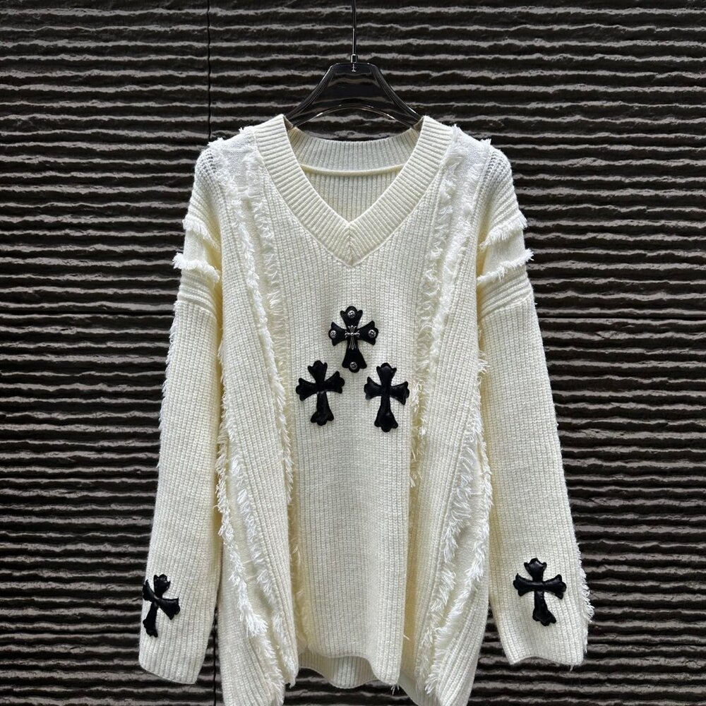 Chrome Hearts white V-neck pullover sweater